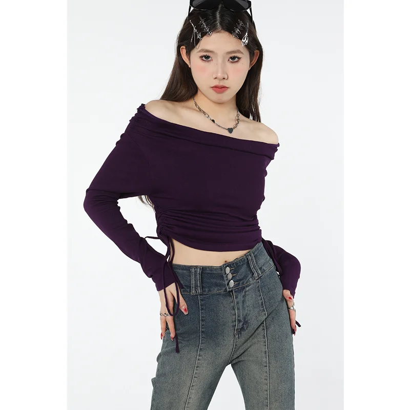 Women Purple Drawstring Knitting Shirt Short Straight Collar Vintage American Fashion Female Long Sleeves Casual Spring Pullover