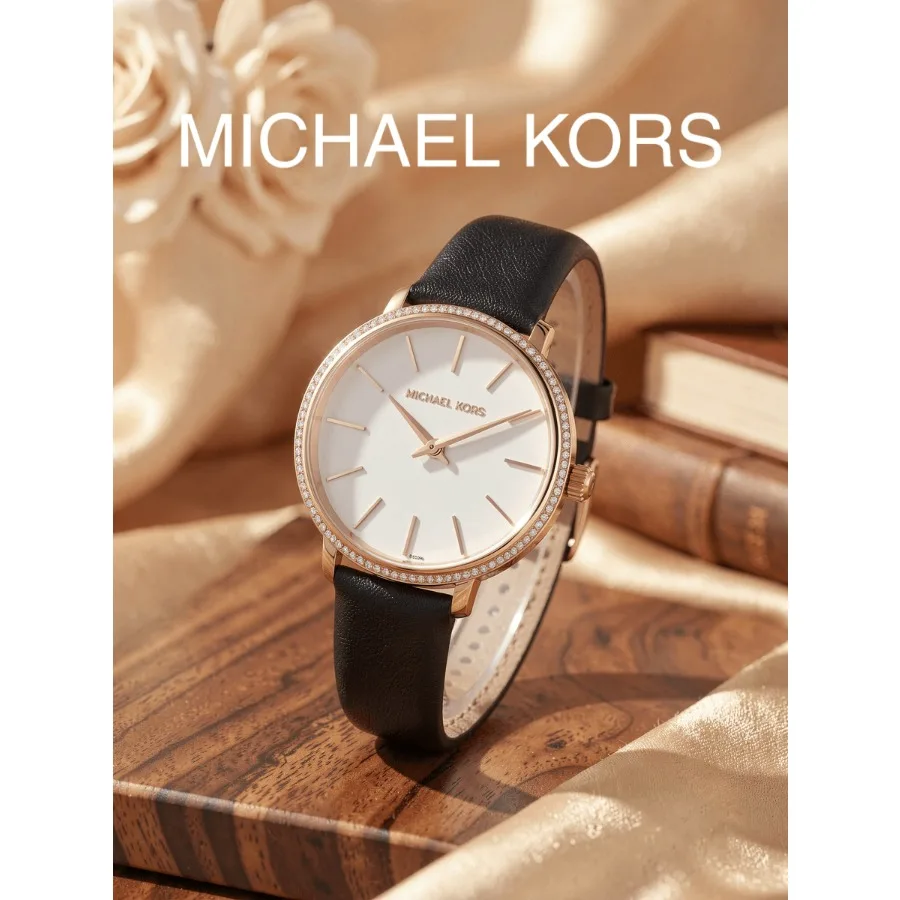 Michael Kors Women Watch, Rose Gold Case, Black Leather Strap, White Dial Crystal Bezel Quartz Wristwatch, Elegant Gift Watch