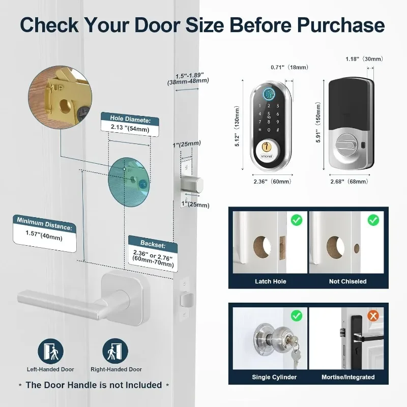 SMONET Smart Door Lock Keyless Deadbolt: Fingerprint Electronic Lock Bluetooth Code APP Touch keypads Work with Alexa