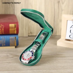 CONTACT'S FAMILY Retro Style Single Slot Watch Case 100% Handmade Genuine Cowhide Leather Travel Portable Bag Display Organizer