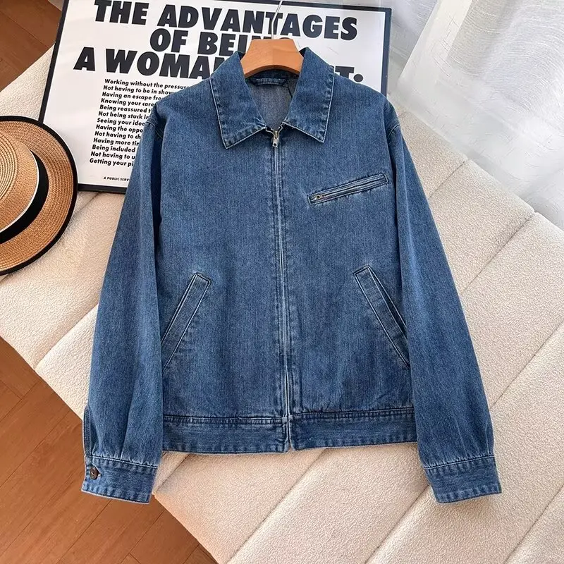 Spring WMXZ2025 Unisex Workwear Denim Jacket Stand Collar Detroit Coat Warmth Regular Fit Zipper Closure Short Outerwear