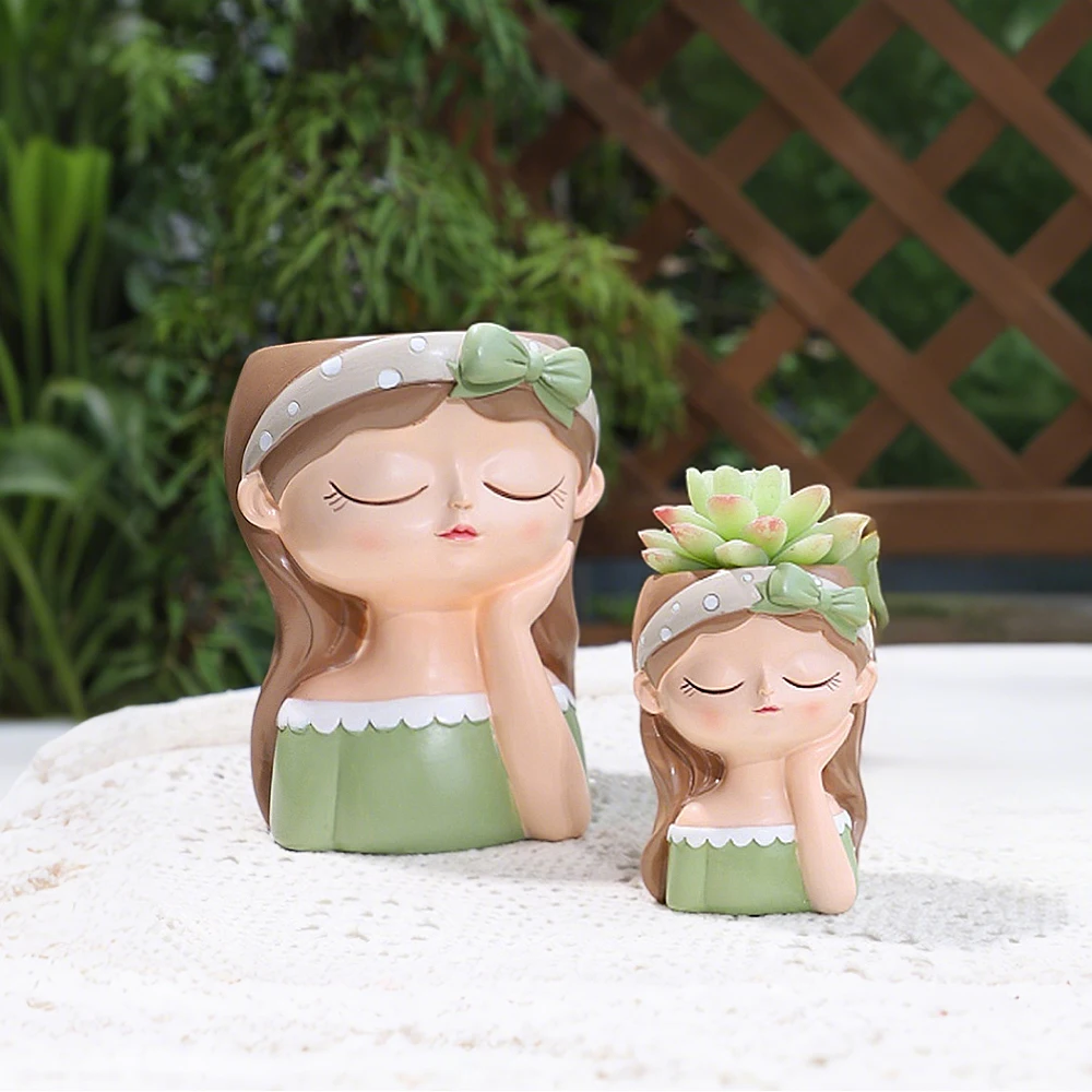 Cute Girl Small Plant Pot Resin Succulent Planter for Home Office Desk Mini Ornament Fairy Garden Flowerpot Decoration - view 4