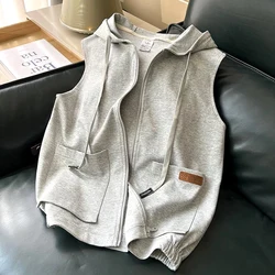 Comfortable Simplicity Handsome Loose Cardigan Zipper Solid Vests Hooded Spring Summer Lacing Pockets Casual Women's Clothing