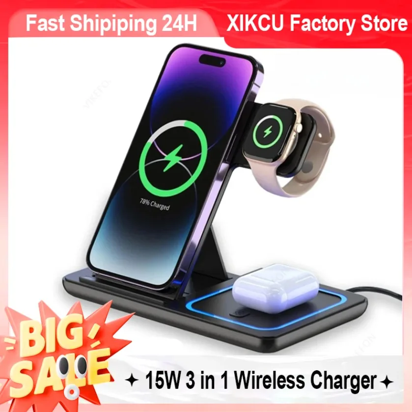XIKCU Foldable Wireless Charging Station for iPhone 16 15 14 13 12 iWatch Ultra Airpods 4 Pro 3 in 1 Fast Charger Stand Dock