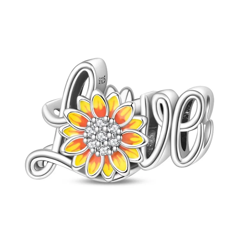 

2026 New 925 Sterling Silver Sunflower Love Charms Bead Sparkling CZ Zircon Dangle Fit 3mm Bracelet DIY Women Anniversary Jewelr