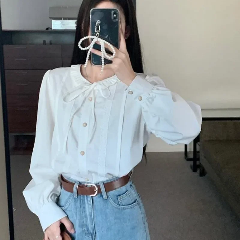 

Female Spring Summer Preppy Style Refreshing Button Drawstring Solid Color Collar Women Shirts Sweet Young Style Long Sleev