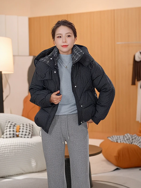 

Утепленная хлопковая куртка в клетку с капюшоном для женщин, теплая модная зимняя верхняя одежда, повседневная простая модель с полиэстеровым наполнителем