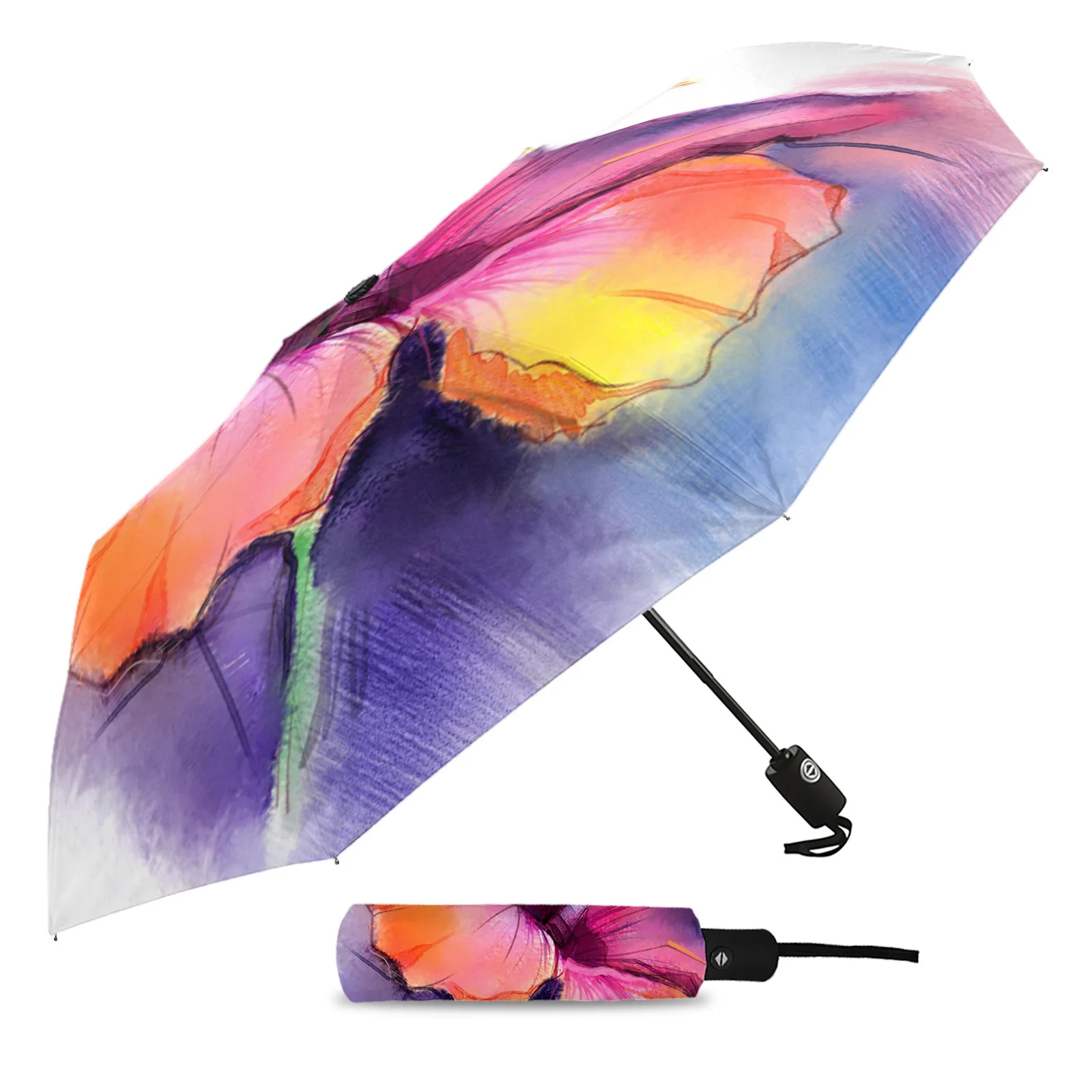 Hibiscus Flower Watercolor Painting Automatic Umbrella for Rain Foldable Parasol Umbrella Eight strand Outdoor Umbrellas