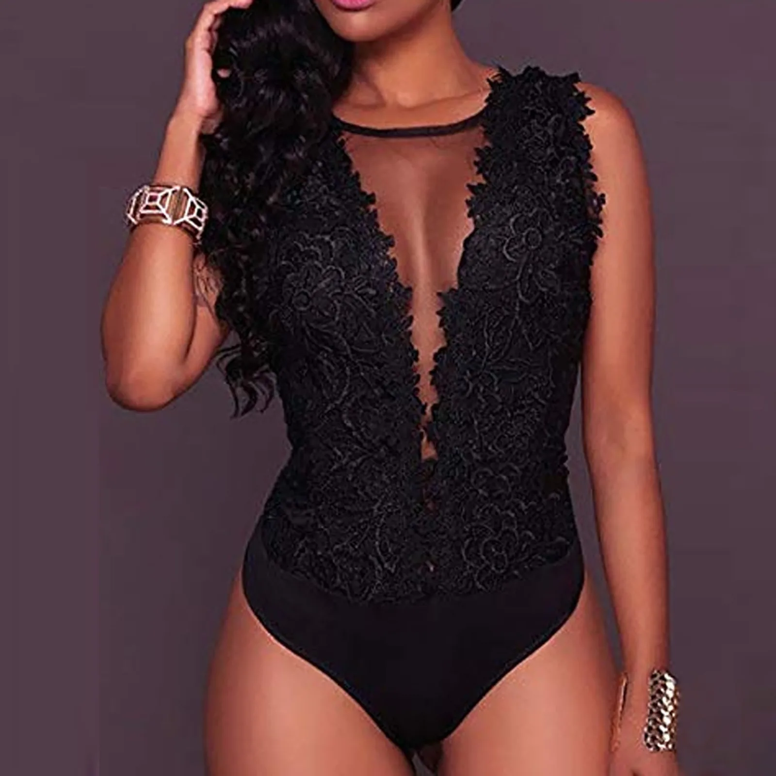 Women Exotic Sets Fashion Sexy Back Zipper V-Neck Slim Bobysuits Lace Embroidery Mesh Patchwork Sleeveless Hollow Bobysuits