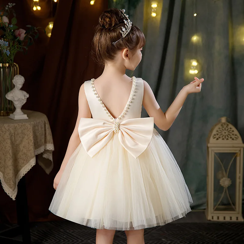 

Summer Girl Flower Birthday Tulle Dress Backless Bow Wedding Gown Kids Party Wear Princess Pink Dress Baby Girl Bowknot Dresses