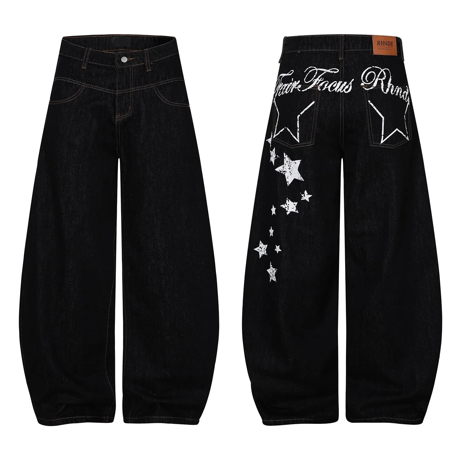 Y2K Streetwear Hip Hop Loose Fit Long Trousers Vintage Star Letter Print Denim Jeans Gender Neutral High Curved Wide Leg Pants