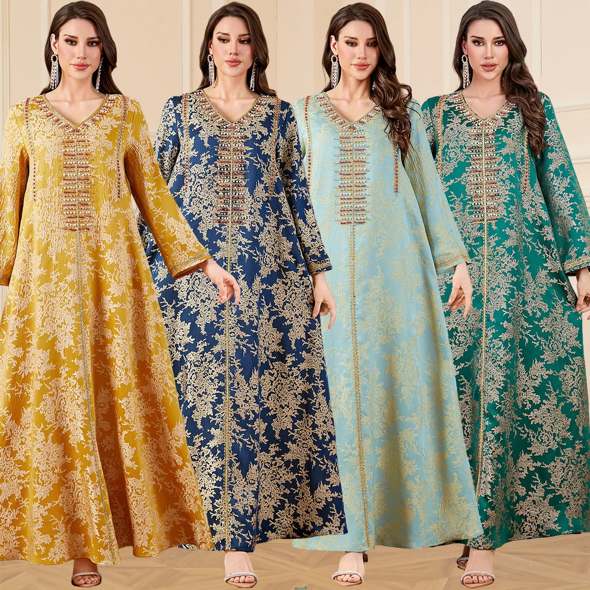 

Morocco Women Muslim Evening Dress Dubai Arab Robe Jacquard Embroidery Beaded Abaya Fashion Kaftan Dress Musulmane Femme Vestido