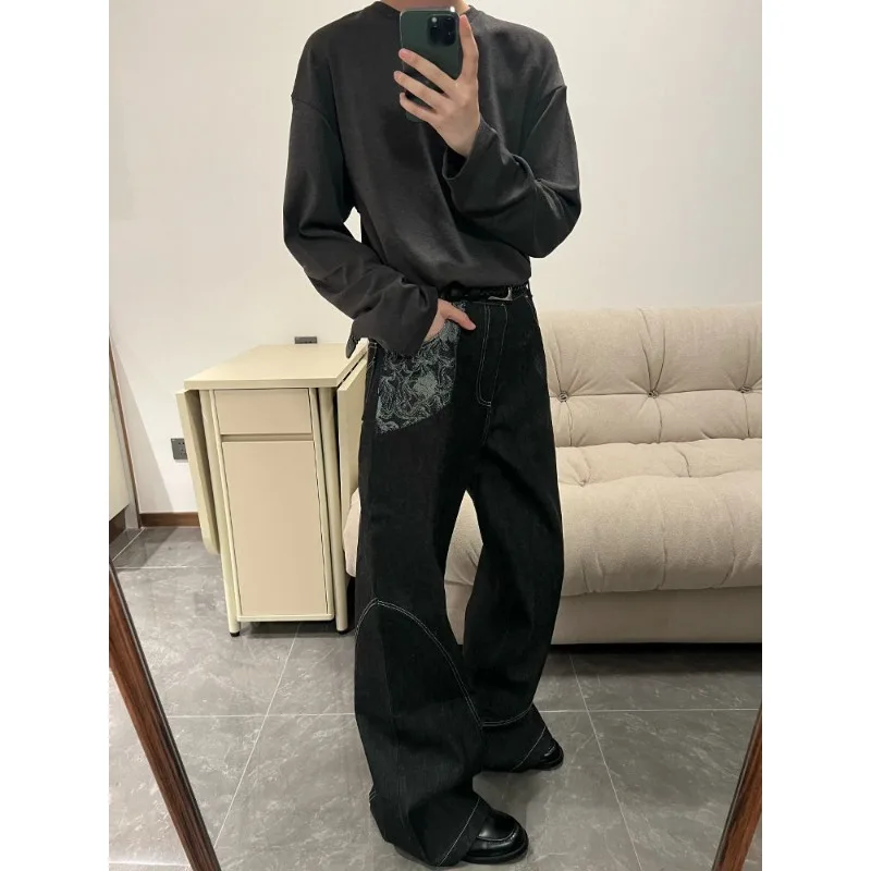 

Foufurieux American Fashion Retro Loose Jacquard Splicing Cleanfit Jeans Men's Autumn New Casual Pants Trend Male Clothing