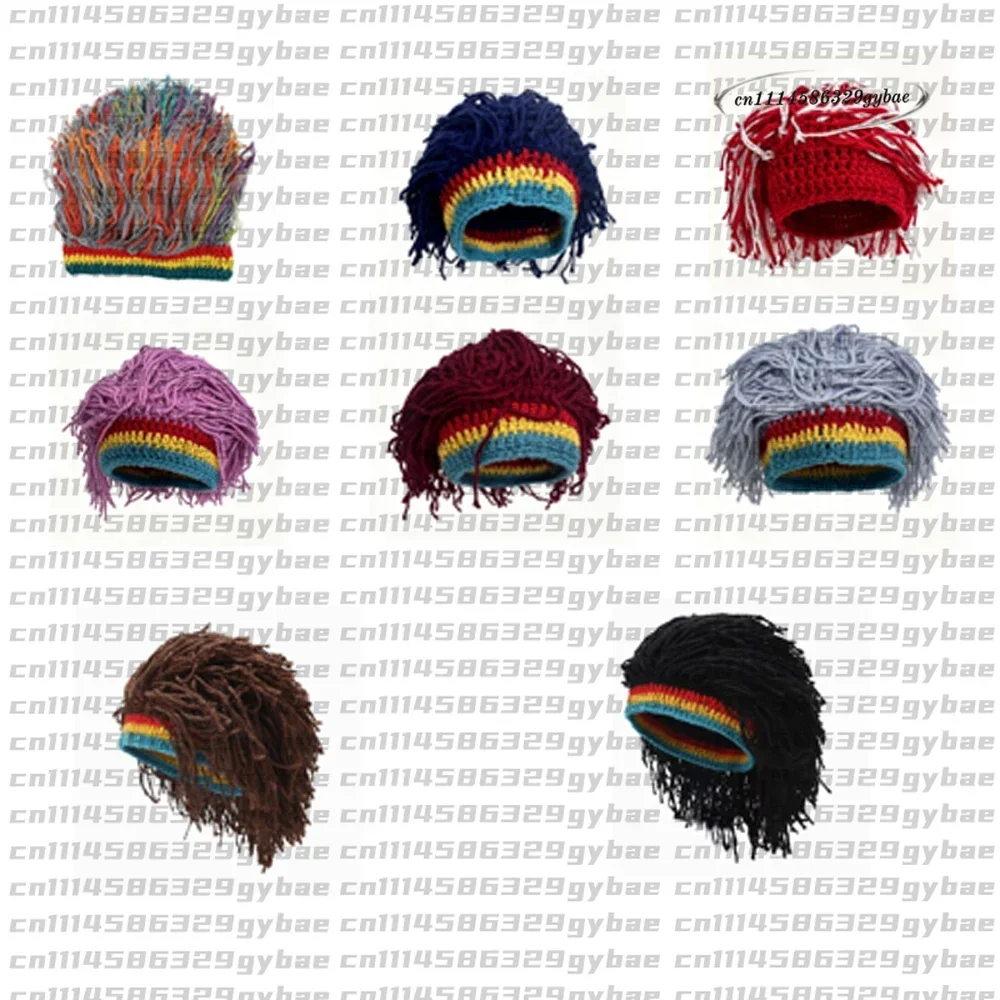 Reggae Dreadlocks Knit Hat Handmade Crochet Wig Beanie Rainbow Striped Tassel Hat Christmas Party Cosplay Funny Winter Headwear