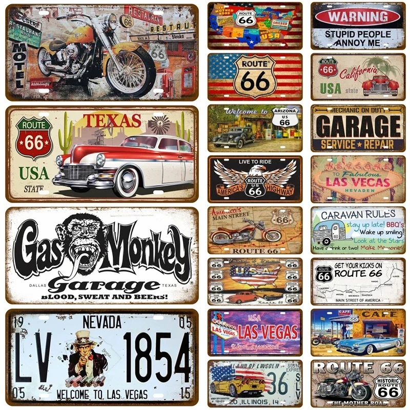 US Route 66 Motor Bus Shabby Tin Sign Metal Wall Plaques Poster Vintage Crafts Tinplate Signs License Plate Bar Garage Decor