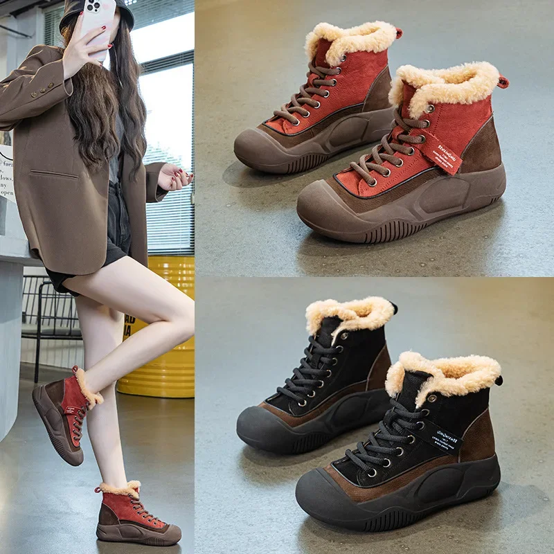 Top Layer Cowhide High-top Plush Boots Women's 2023 New Short Boots Fashion Versatile Snow Boots Platform Women's Boots