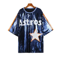 Summer New  Short Sleeve Letter Streetwear Loose Long T-Shirt Sequins Hip Hop Night Club Straight Women's Wear