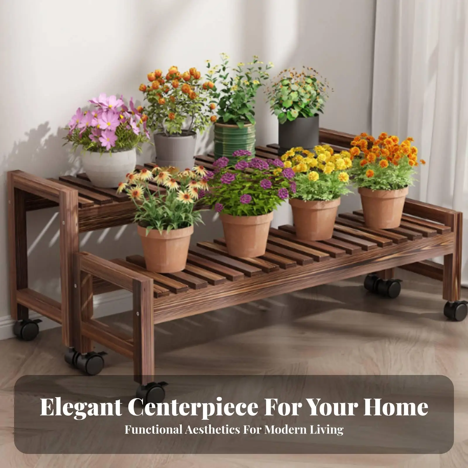 Stable H Shaped Leg Flower Rack Wooden Plant Shelf with Waterproof Anti Corrosion Design for Home Decoration
