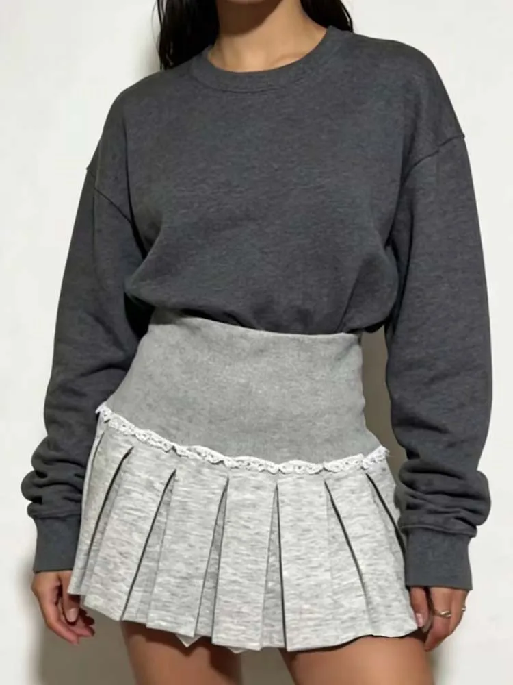 

Elastic Waist Skirt Lace Patchwork Elegant Pleated Mini Skirts Women Sweet Preppy Style Y2K High Waist Slim Skirt With Shorts