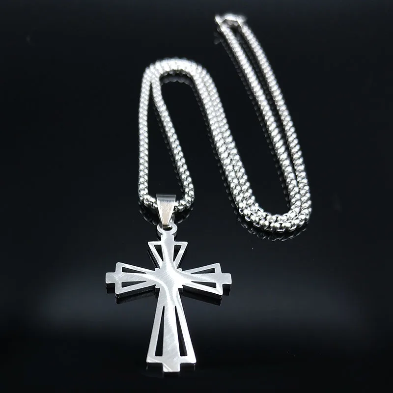 Fashion Big Long Cross Stainless Steel Necklaces Pendants for Men Silver Color Necklace Jewerly cadenas para hombre N1165S07