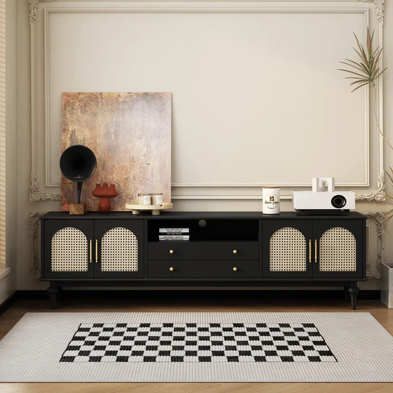 Nordic second-hand solid wood rattan TV cabinet French living room vintage high floor cabinet storage cabinet home audio-visual