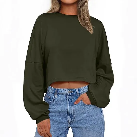 2025 New Long Sleeve Navel-Exposed Round Neck Sweatshirt Women's Short Sports Bottoming T-shirt Knitted Sweater Long Sleeve Top