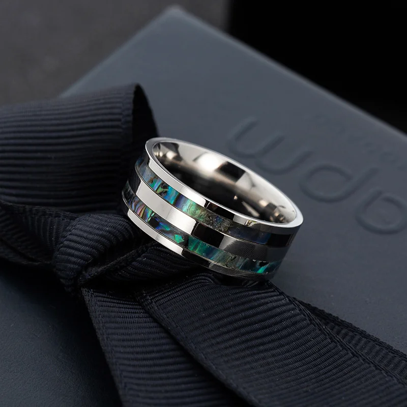 Kissmoon High Quality Stainless Steel Punk 8mm Wide Ring for Men Women Inlaid Abalone Shell Finger Ring Couples Jewelry Gift - view 4