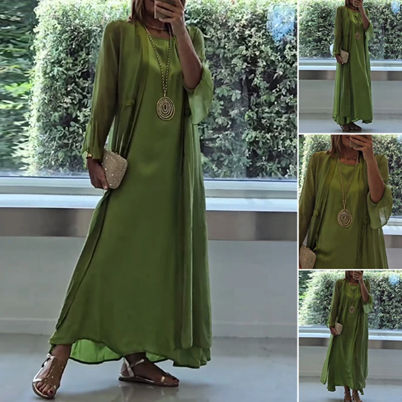 Elegant Solid Color Long Dress Set 2 Piece Women Spring Crew Neck Bohemian Dress With Long Cardigan Autumn Loose Female Clothing