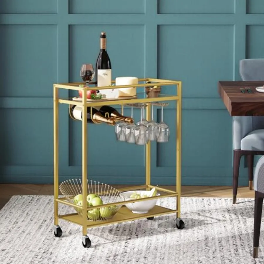 

Gold Bar Cart, Beverage Cart with Wheels, Bar Cart for The Home, 2-Tier Drink Cart with Wine Rack and Glass Holder, Kitchen, Di