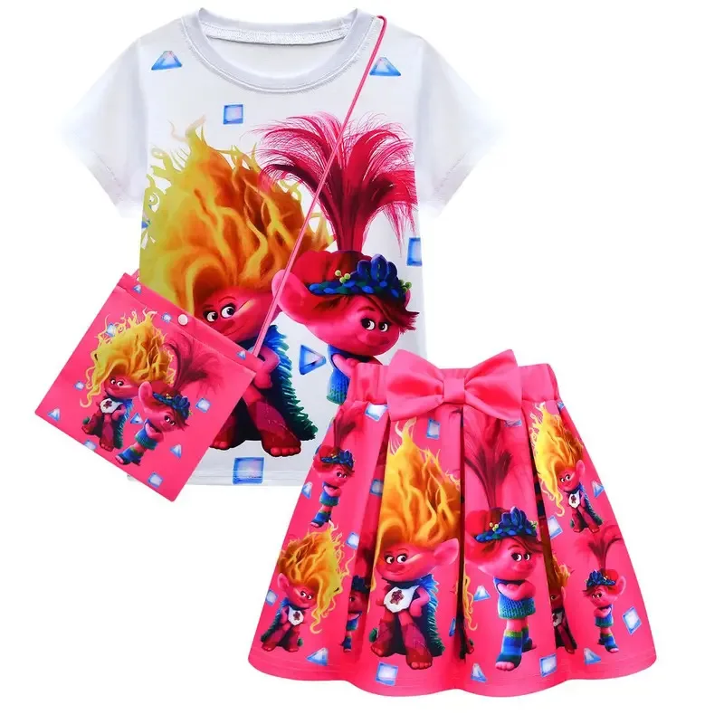 111 www Kids Halloween Queen Trollsing 3 Fantasy Dress Girls Clothes Sets Summer Cartoon Print T-Shirt+skirt Bag Short Sleeve To
