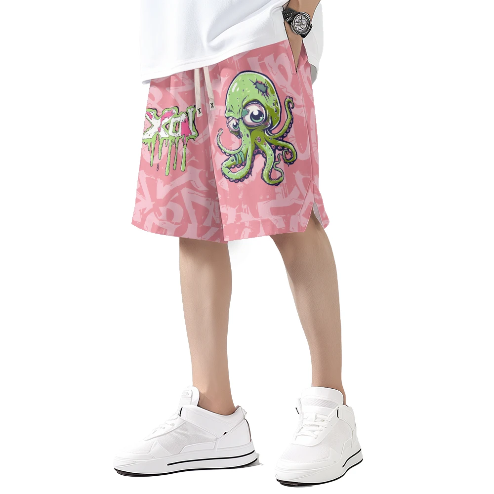 

Летние новые модные брендовые быстросохнущие повседневные розовые шорты с принтом осьминога, мужские модные тенденции, свободные, все, дышащие