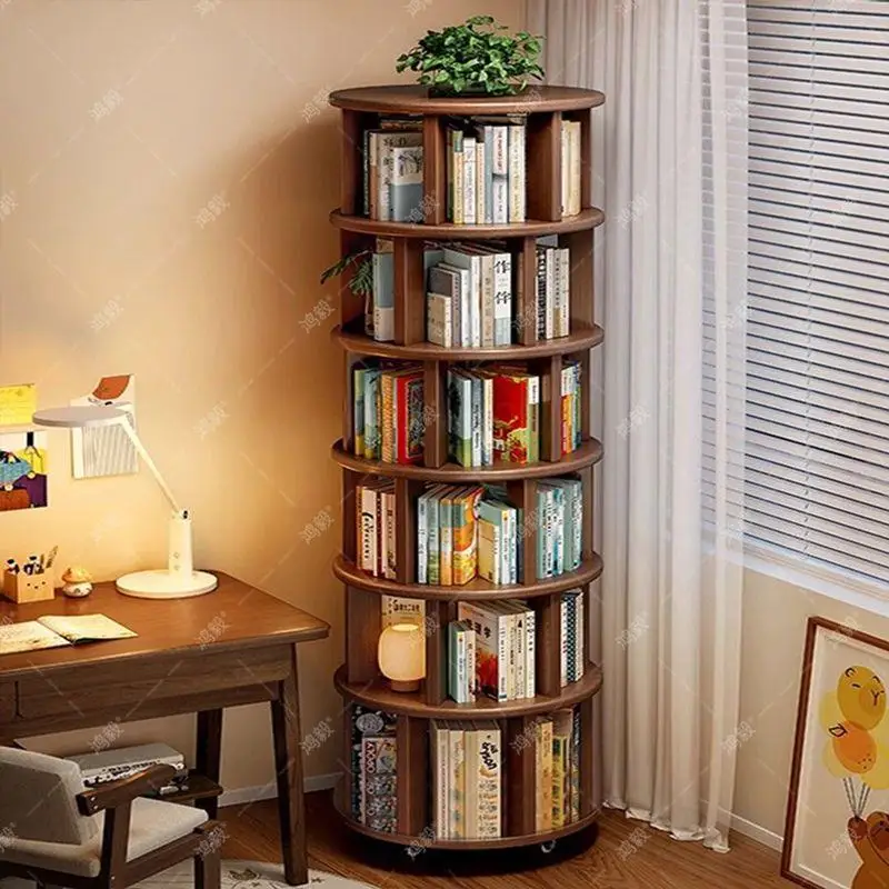 360° Rotating Shelving Unit, Made of Solid Wood, Movable, Small Footprint, Large Capacity, Suitable for Living Room and Bedroom.