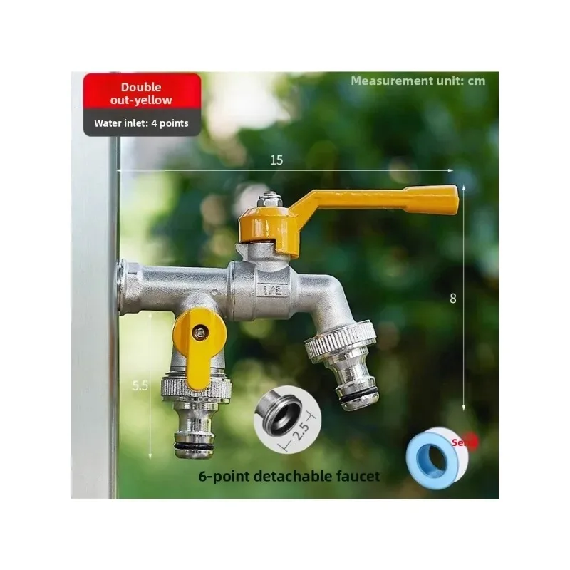 

1/2'' Brass Outdoor Faucet 1/2 in 2 Out, Freeze-Proof Extended Garden Bibcock for Washer Pool, Dual Outlet with Nipple Adapter