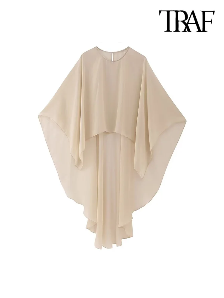 O Neck Back Button Female Shirts Blusas Chic Tops Women Fashion Asymmetric Chiffon Semi-sheer Cape Blouses Sexy