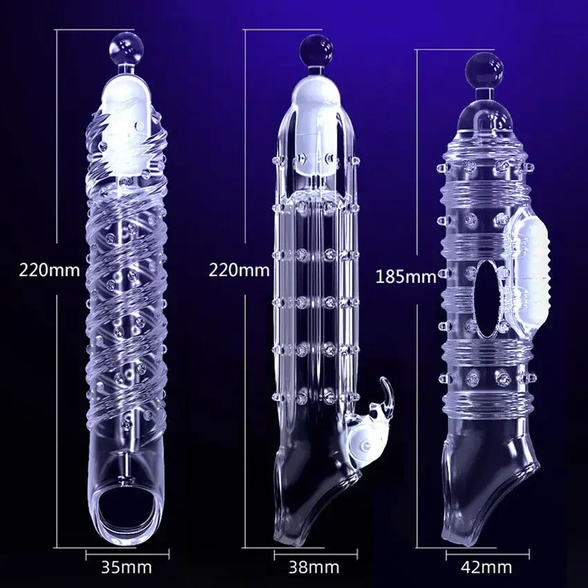 Reusable Penis Sleeve Silicone Condoms with Vibrator Cock Extender Enhancer Enlargement G Spot Clit Stimulator Sex Toys for Men