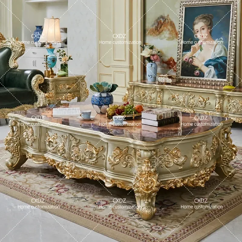 Solid Wood Carved Coffee Table with Marble Top American Style Tea Table TV Cabinet Combo Living Room Small Floor Storage Unit