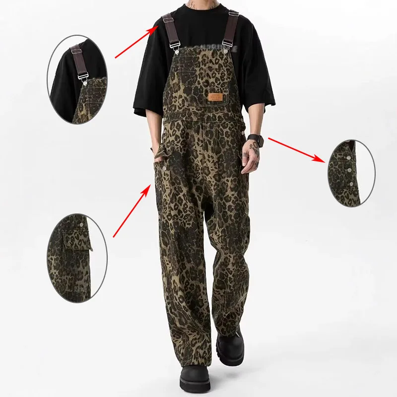 

Retro Leopard Print Workwear Overalls Jumpsuit Large Pocket Straight Leg Pants Men Loose Casual Wide Leg Denim Pants