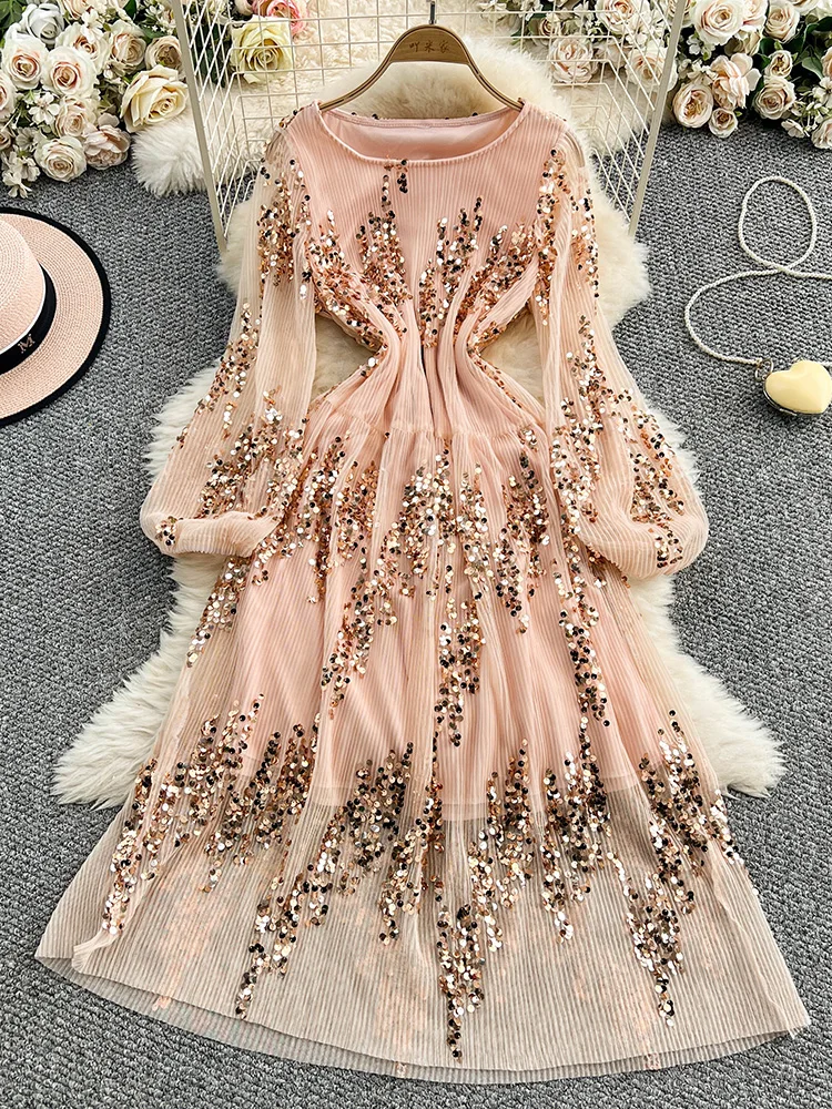 

Women's Summer Dresses Advanced Elegant Gentle Sequined Lantern Sleeves New Mesh Waist Cinching Slimming Long Dress DS148