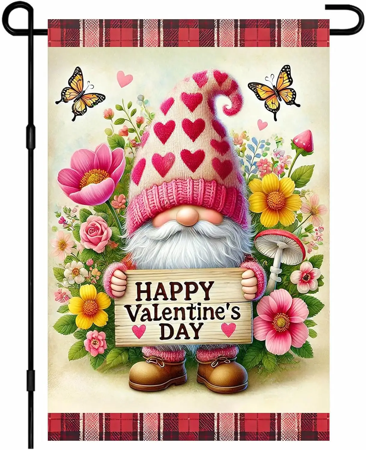 IVN Valentines Day Garden Flag 12 x 18 Inch Yard Flag Double Sided Gnome Holding Flowers Decorative Small Flags for Outside  zzo