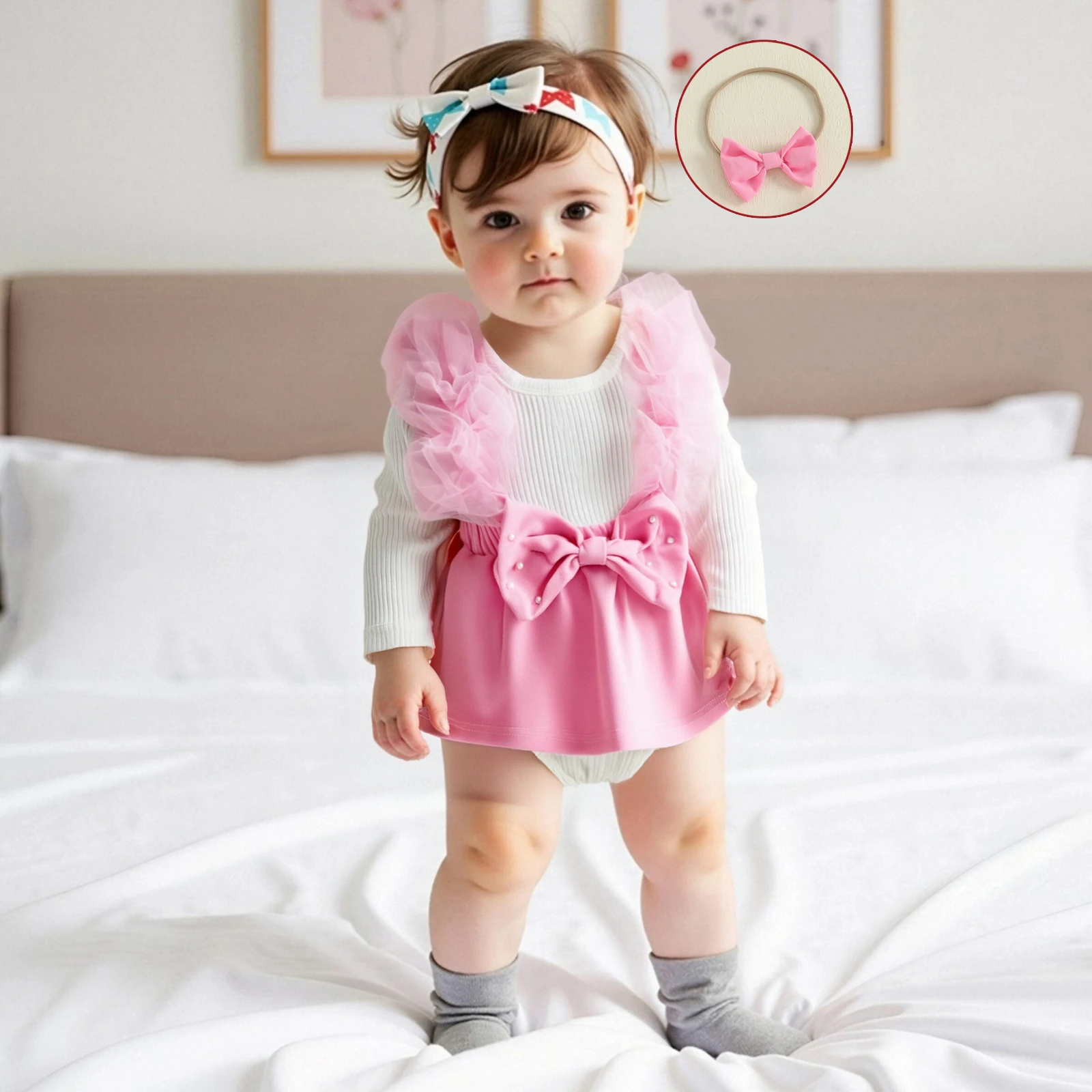 

Toddler Baby Girl Fall Romper Dress Frill Tulle Long Sleeve Round Neck Pearl Bow Jumpsuit with Headband Newborn Clothes