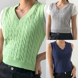 Maglia maglione da donna Gilet casual con scollo a V Stile retrò preppy Pullover senza maniche Crop Top Maglione oversize с loriт жletidhe Maglione lavorato a maglia