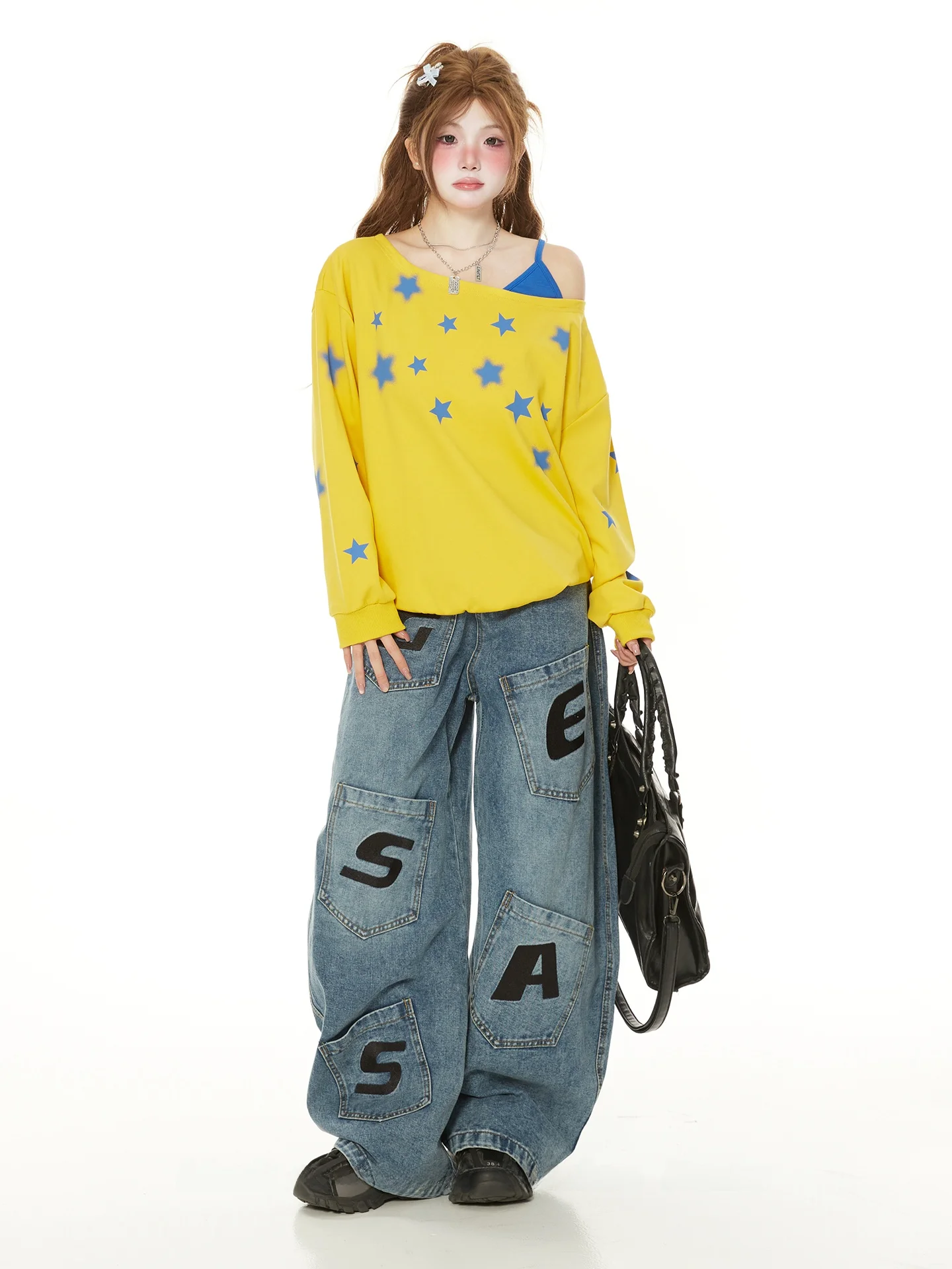 Trendy Star Print Slant Shoulder Sleeveless Hoodie Women's American Dopaamine Yellow Lazy Top Fashionable Casual Cotton Blend