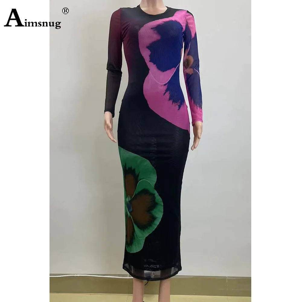 Vrouwen Lange Mouw Boho 3d Print Jurk Sexy Lange Bodycon Slim Fit O-hals Bevreesfeest Avondjurk Dames Elegante Maxi Jurken