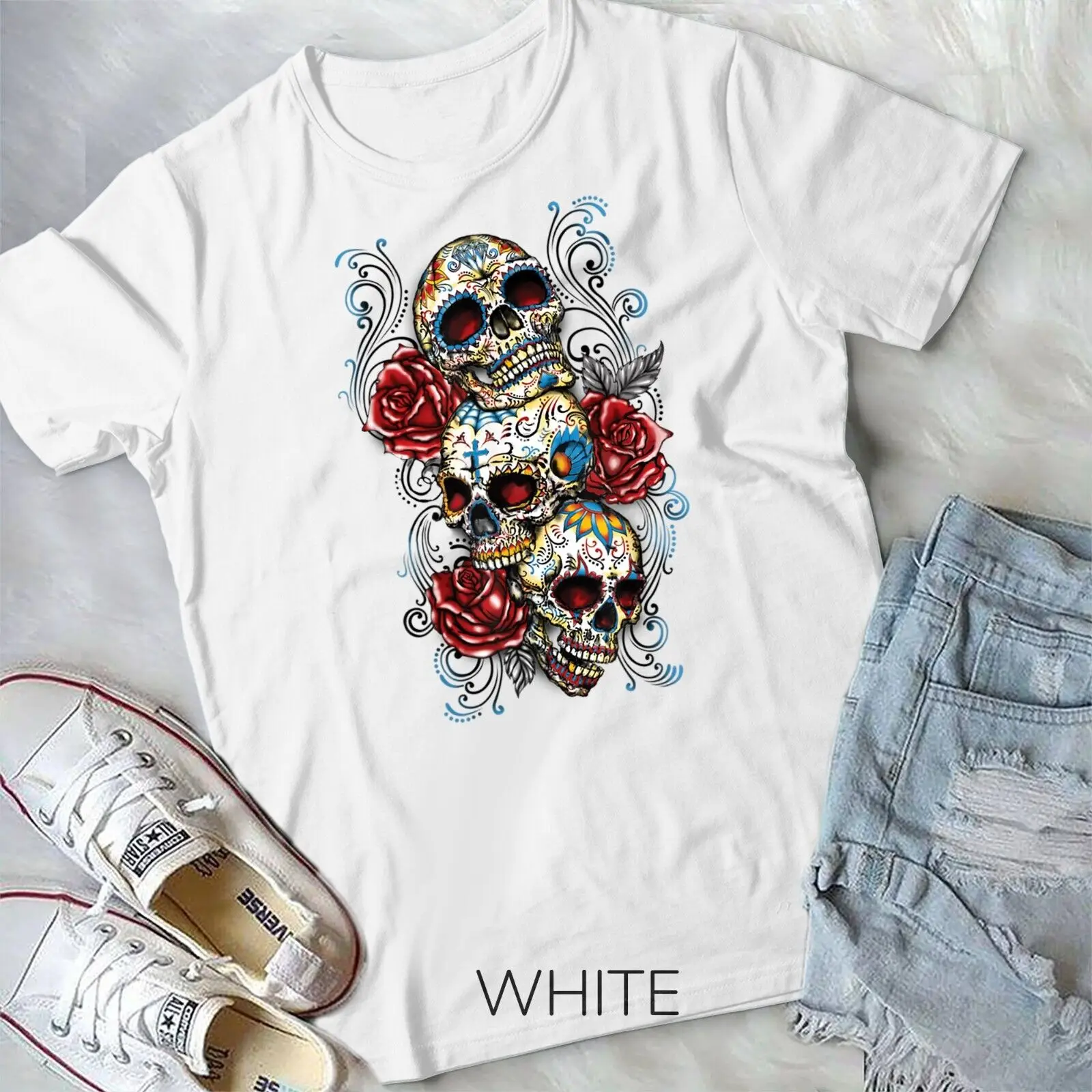 Sugar Skull T Shirt Roses Three Skull Tshirt Day of the Dead Unisex T-shirt