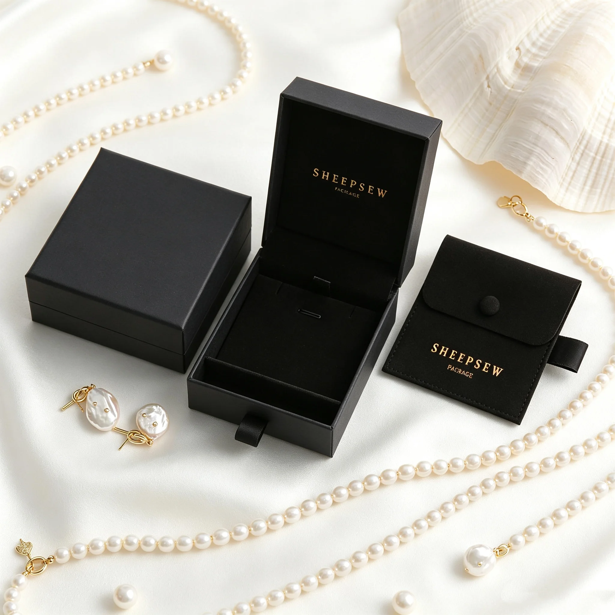 SheepSew Wholesale Luxury Sliding Drawer Cardboard Jewelry Boxes With Snap Button Microfiber Storage Pouches Custom Printed Logo