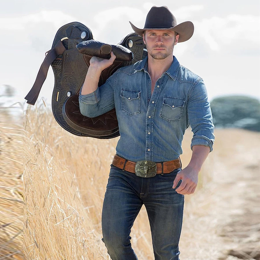 حزام غربي من الدنيم للرجال والنساء، حزام غربي من الدنيم للرجال، حزام منقوش، إبزيم الثور، مناسب للجينز، هدية العيد، Ch