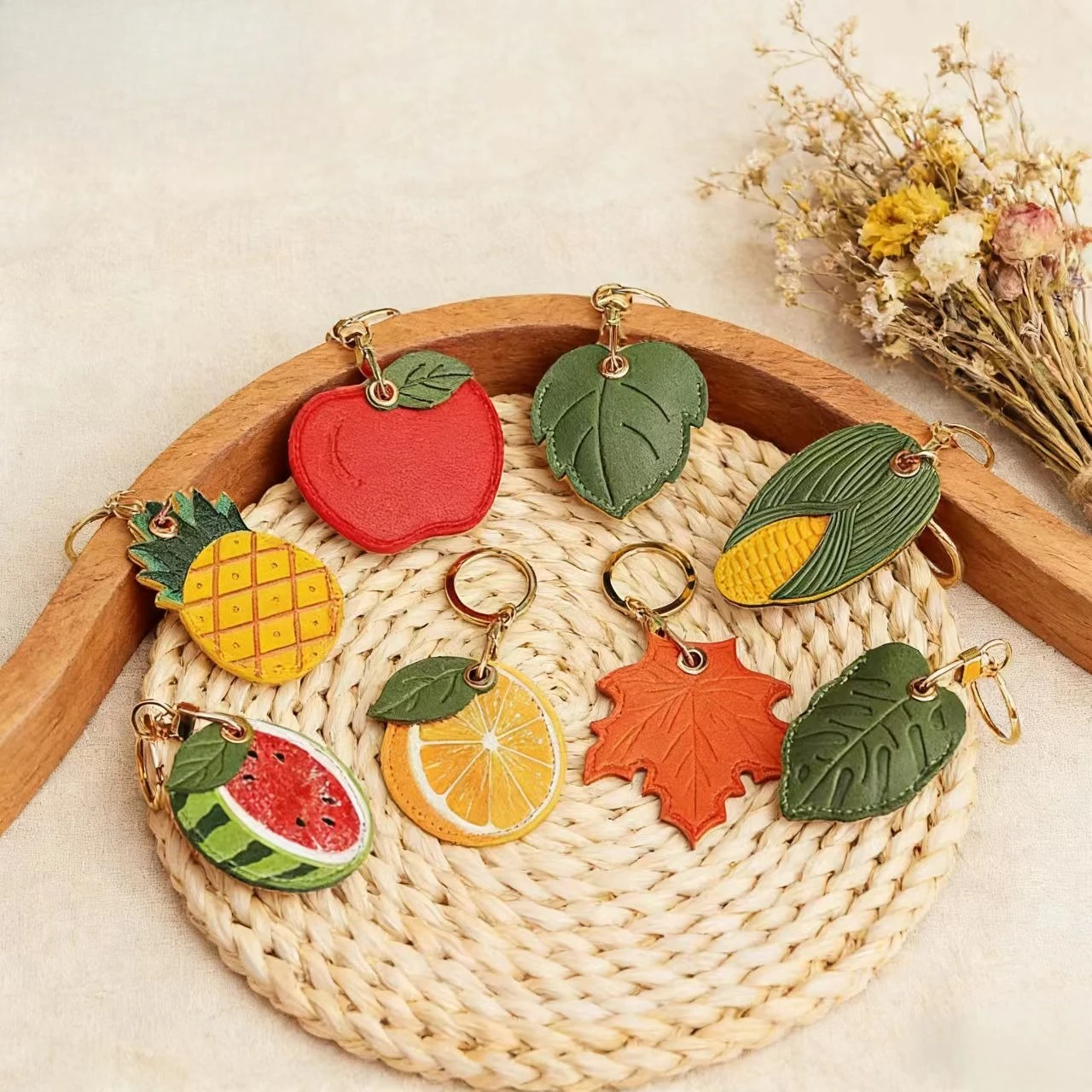 Cute Fruit Leaf Pattern PU Leather Keychain Japanese Style AirTag Protector Door Access Card Sleeve Backpack Hanging Ornament