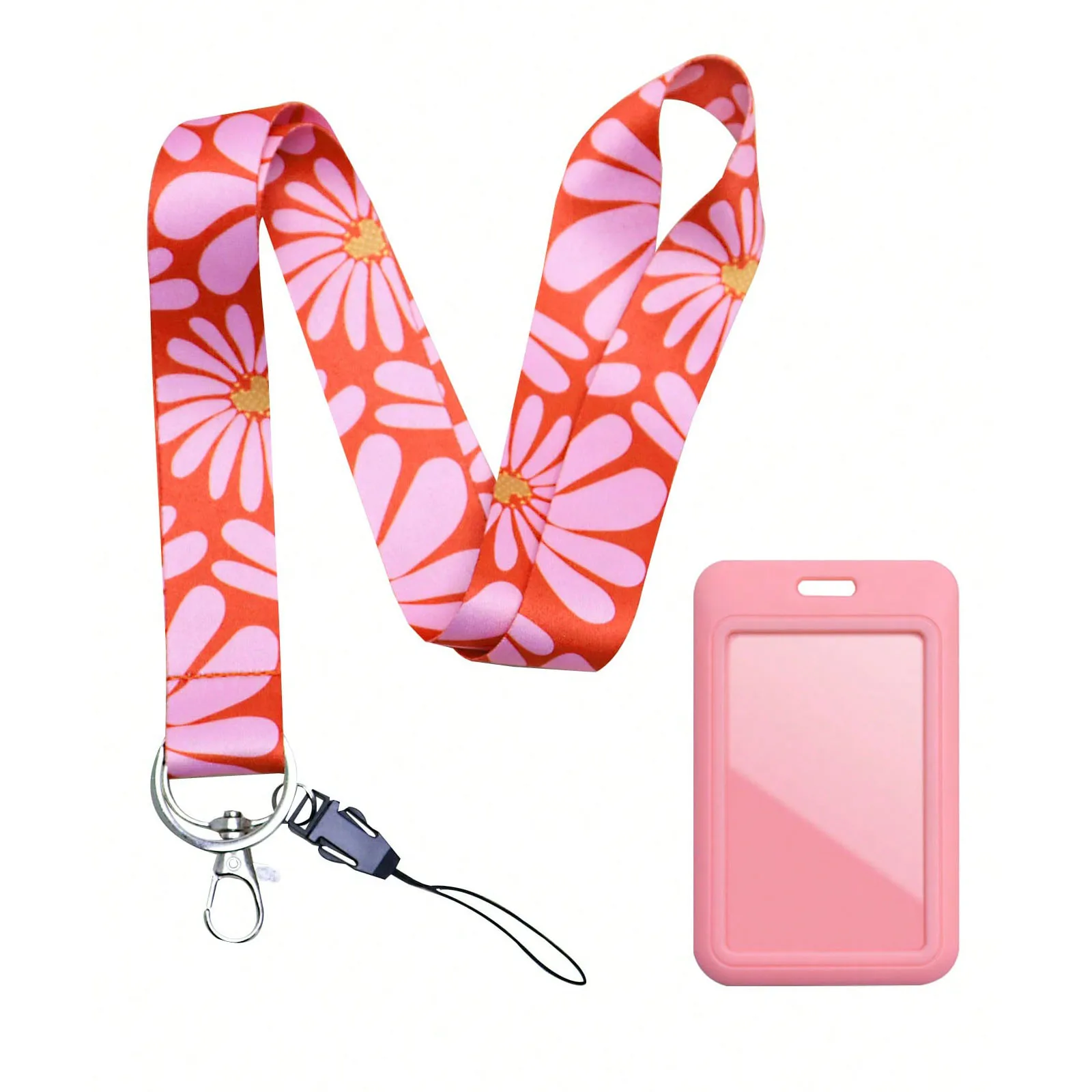 Cordão de flor margarida rosa, porta-cartão de identificação, alça de pescoço para chaves, chaveiro, alça de telefone celular, corda suspensa, acessórios de presente