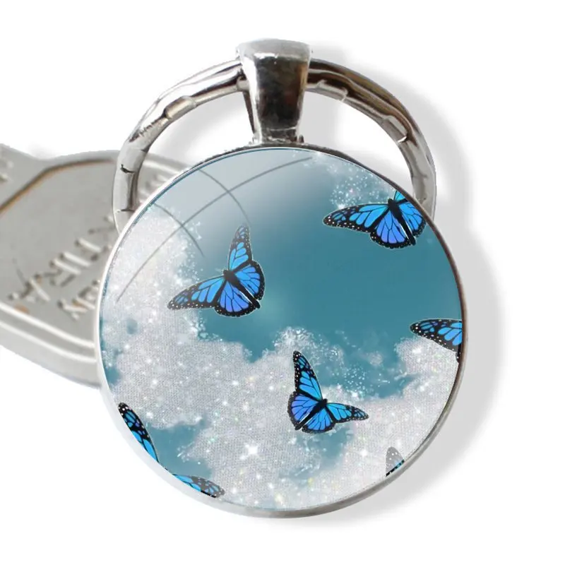 Porte-clés Cabochon en Verre Fait à la Main, Pendentif Papillon Bleu