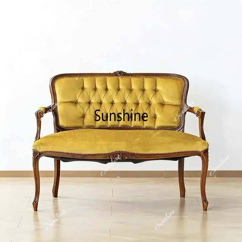 French retro solid wood sofa chair velvet buckle carved back chair casual